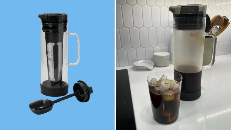 On the left is a product shot of a cold brew coffeemaker, on the right is a photograph of the coffeemaker and a glass of iced coffee on a white countertop.