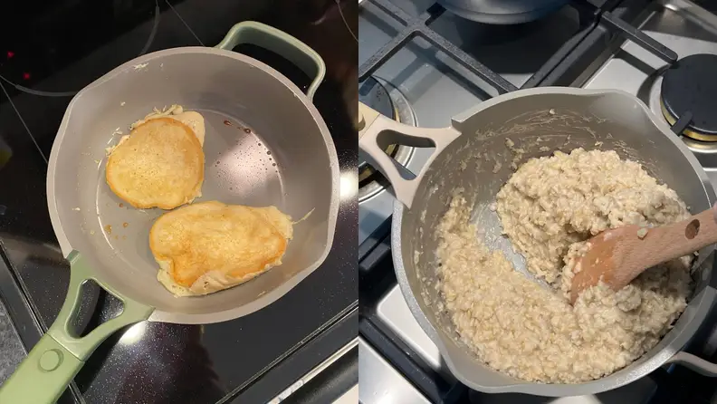 On left, Always Pan cooking two small pancakes. On right, Perfect Pot cooking oatmeal without sticking.