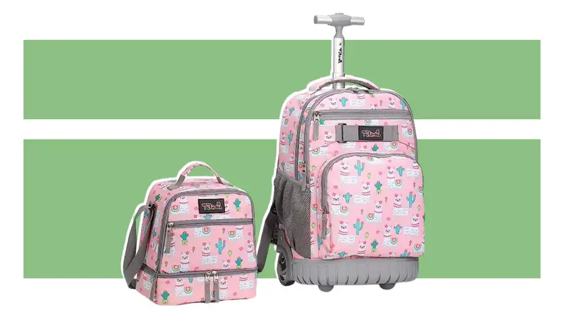 The Tilami Rolling Backpack with Lunch Bag on a green background.