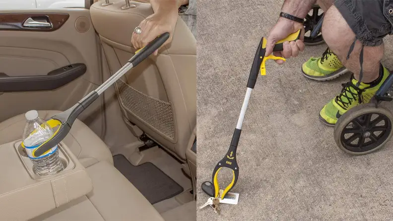(Left) A person reaches for a cup inside a vehicle. (Right) A person reaches for fallen keys on a floor.