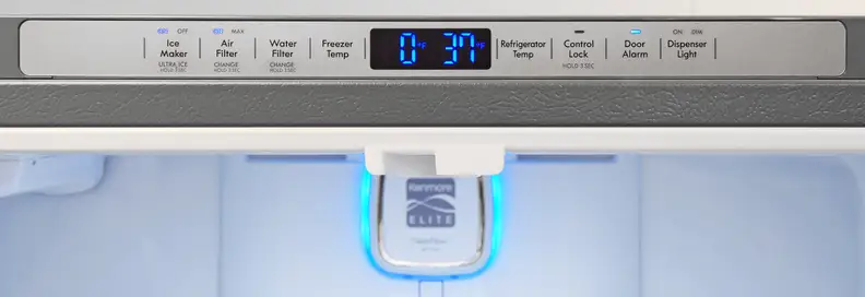 Most of the Kenmore Elite 74025's controls are actually found inside the fridge along the upper frame.