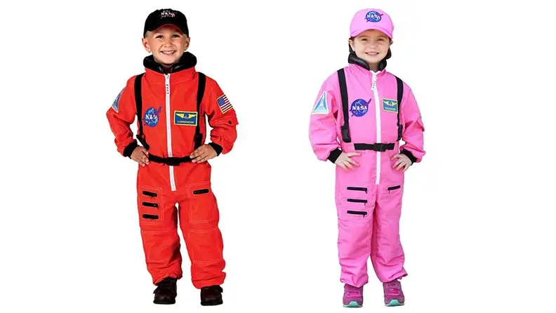 Boy in red space suit and girl in pink space suit