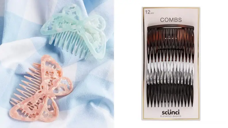 On the left: Blue and pink butterfly comb clips laying on a blue and white checkered  fabric. On the right: A pack of neutral colored hair combs on a white background.