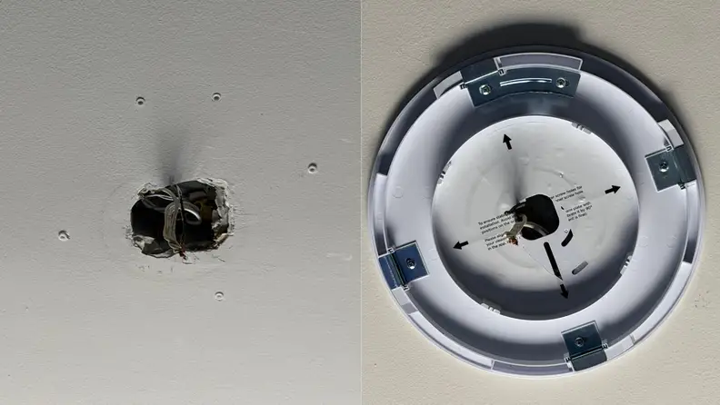 Side-by-side view of ceiling wiring and fixture mounting alignment, illustrating the installation steps for a flush-mount smart ceiling light.