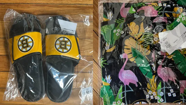 Slides and shirt in plastic.