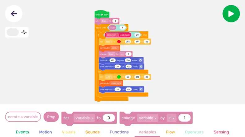 In the Robo Wunderkind Blockly app, you can use the Blockly coding language to program your robot.