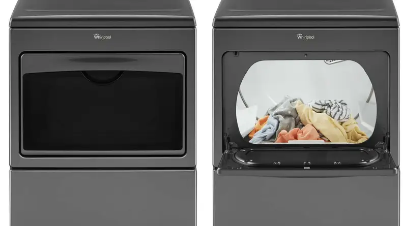 The WED7599GC dryer, closed and open