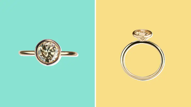 Collage of an engagement ring from the Clear Cut shown from two different angles.