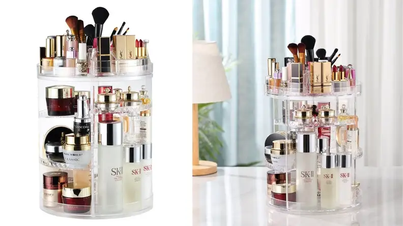 Clear rotating makeup organizer with makeup inside.