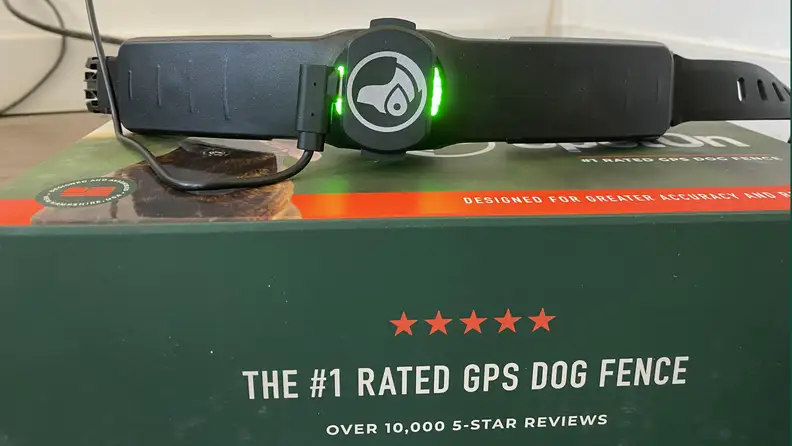 SpotOn GPS Dog Fence Nova Edition collar sitting on top of its dark green and orange box.