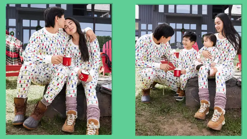 A family wearing Hanna Andersson Bright Bulbs matching family Christmas pajamas.