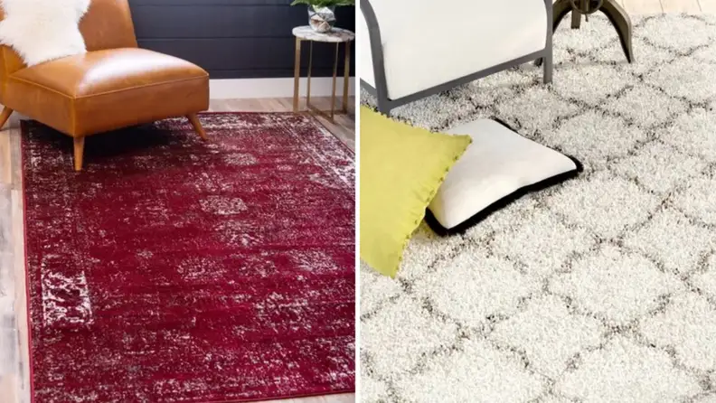 A dark red rug and a white shag rug