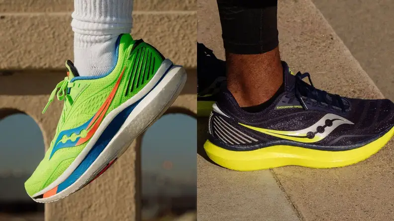 Saucony Endorphin Speed in Green and Blue, and Navy and Citron colorways.