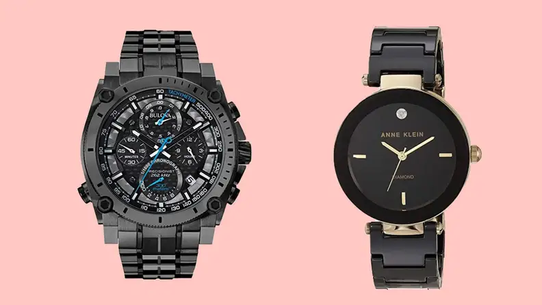 Two watches against a pink background.