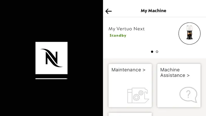 On left, black Nespresso logo. On right, screenshot of the Nespresso phone app.