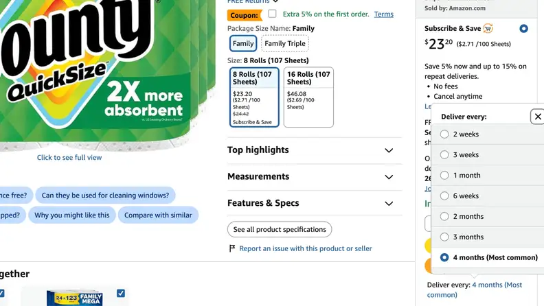 purchasing bounty paper towels with amazon's subscribe and save feature