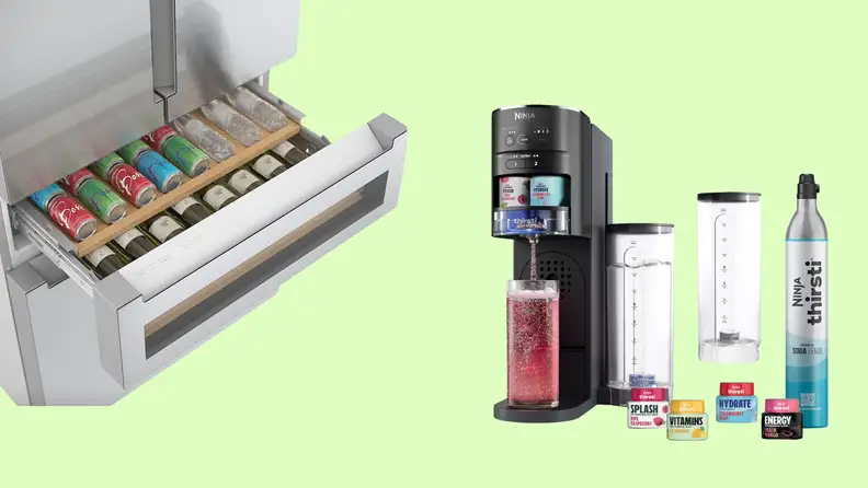 Refrigerator with beverage drawer open, and Ninja Thirsti machine, on lime green background