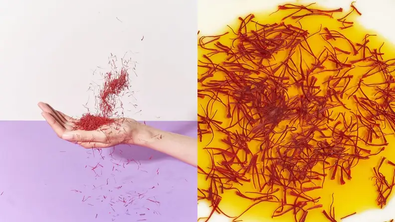 Left: A person throws a handful of saffron into the air against a wall that's half white and half purple. Right: A close-up image of saffron threads in oil.
