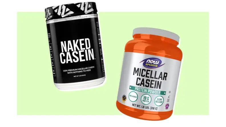 Two jugs of protein powder from Naked Nutrition and Now Nutrition.
