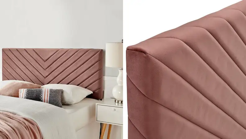 On left,  pink Colvard upholstered panel headboard from Wayfair behind bed. On left, close up shot of pink Colvard upholstered panel headboard from Wayfair.