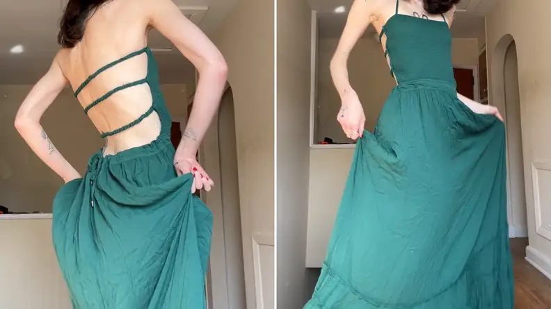 Green long backless dress in side by side front and back photos.