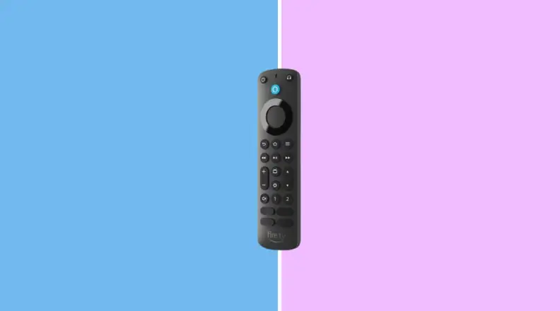 The Alexa Voice Remote Pro on a pink and blue background.