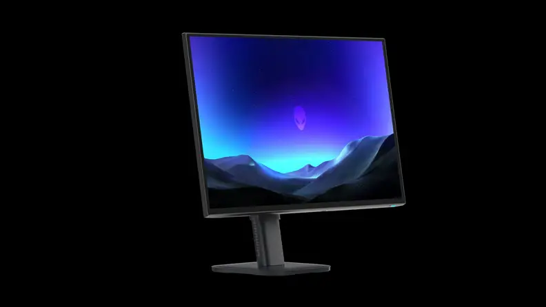 Alienware AW2527HX gaming monitor displaying a purple-toned sci-fi landscape wallpaper against a black background.