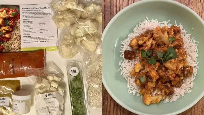 On left, Paneer & Cauliflower Tikka Masala ingredients in packaging, laid out. On left, the final result on a plate.