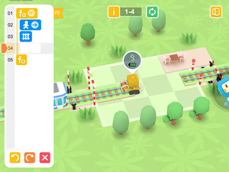 In the Tangiplay app, kids have to use coding commands to help the explorer robot bridge the gap and complete the railroad tracks.