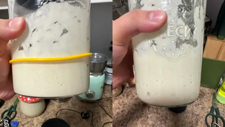On the left and right, two jars full of bubbling sourdough starter.