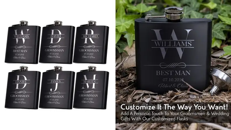 Black colored flasks with personalized writing
