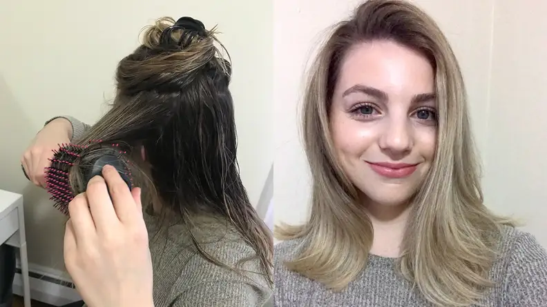 A side-by-side of the author's hair before and after using the Revlon One-Step Hair Dryer and Volumizer.