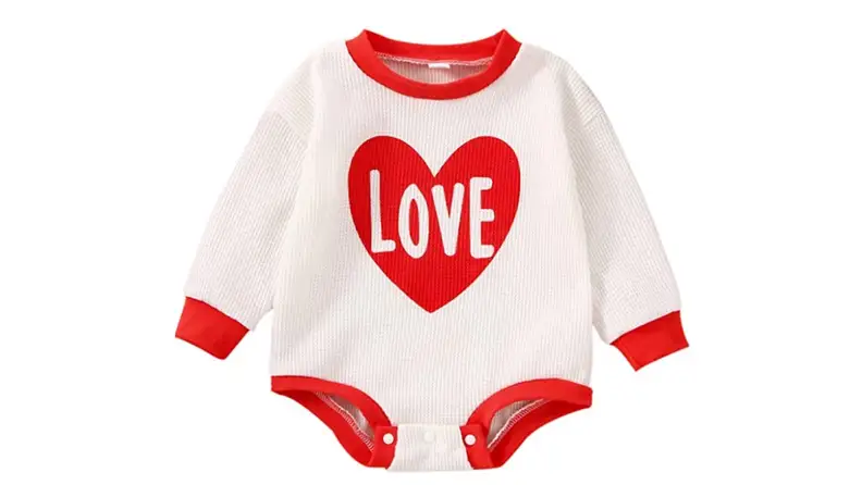 Red and white long-sleeved children's onesie.