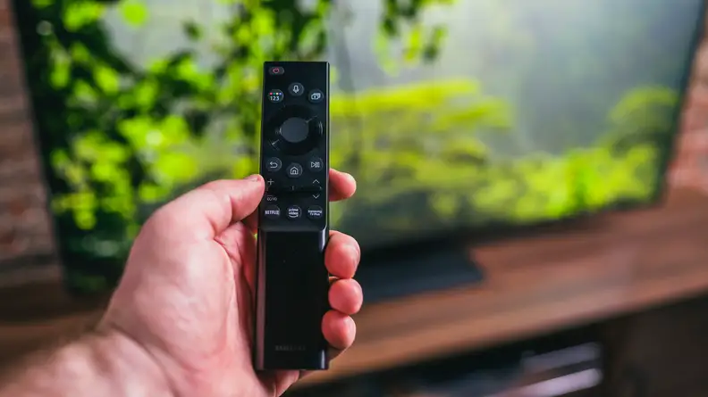 Holding the remote for the QN90A in front of its screen, which shows sunlit leaves