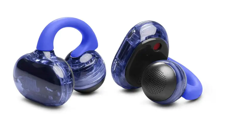 Blue JBL Soundgear Clips on a white background.