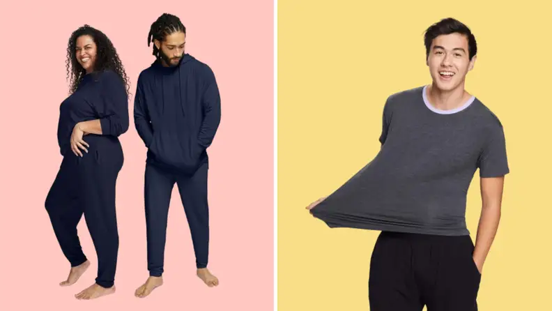 Collage image of a man and woman wearing matching navy sweatpants and hoodies, and an image of a man stretching a gray T-shirt away from his body.