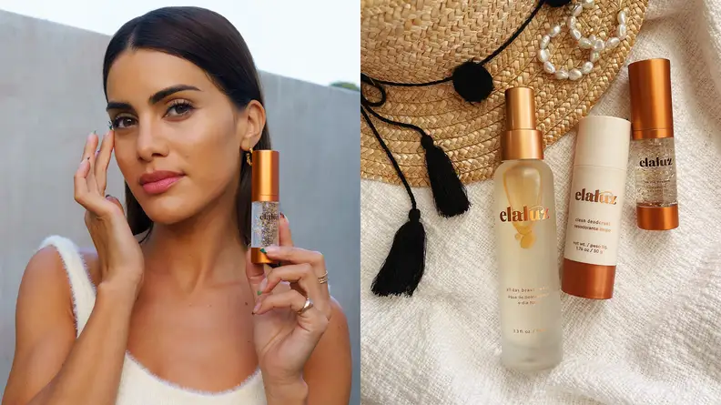 On the left: The founder of Elaluz holding a skincare bottle. On the right: Three skincare products from Elaluz laid out with a sun hat.