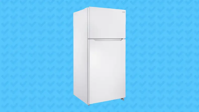 An image of the fridge  floating over a void of Reviewed.com checkmarks.
