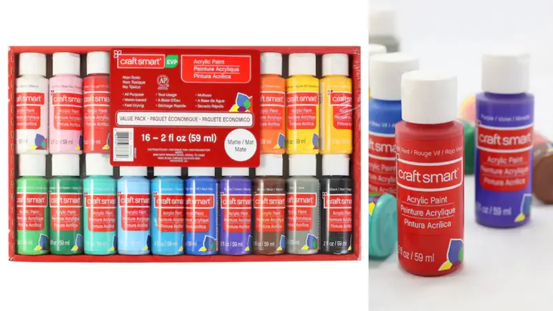 This acrylic paint set includes 16 assorted colors.
