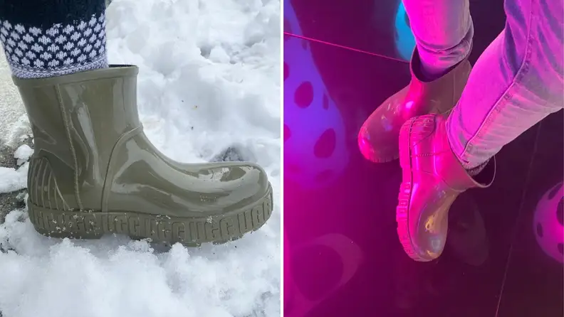A split of Ugg boots in the snow and the same boots in a room with red light