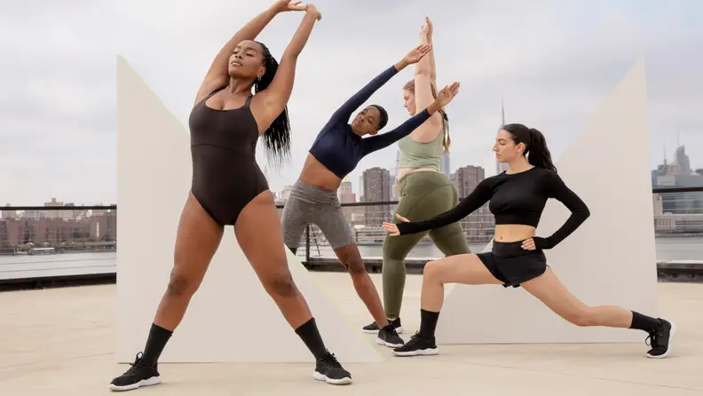 models wearing thinx leotard, leggings, shorts