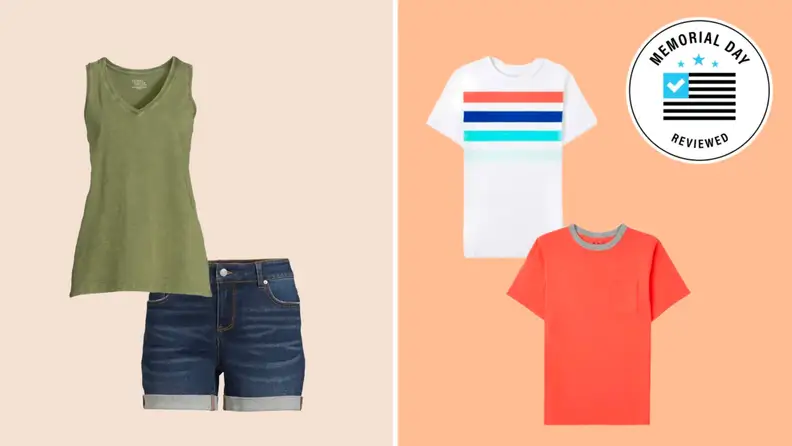 Images of clothing against an orange background.