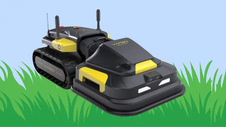 A robot lawn mower on a graphic of grass and sky