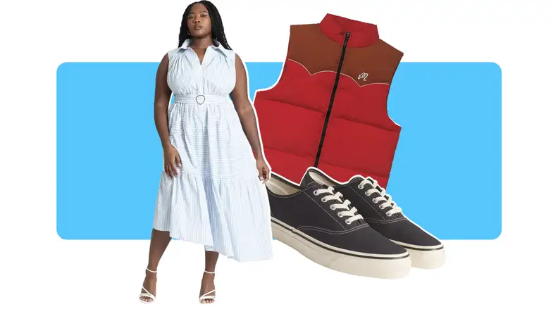 A shirtdress, sneaker, and red puffer vest.