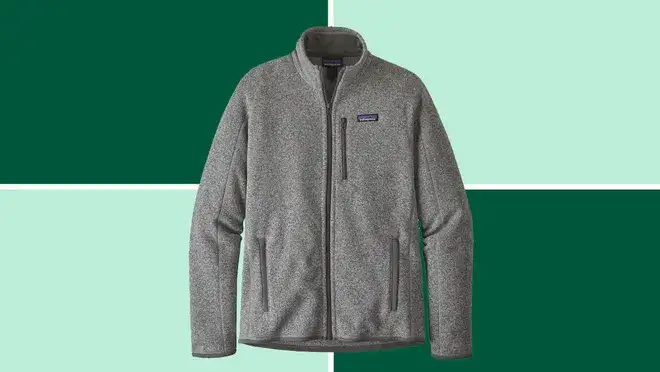 A Patagonia Better Sweater Fleece Jacket on a dark and light green background.
