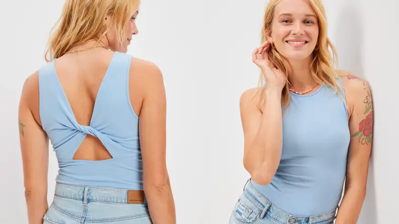 Woman wearing a blue bodysuit