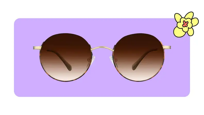 Round amber tinted zenni sunglasses on a purple background
