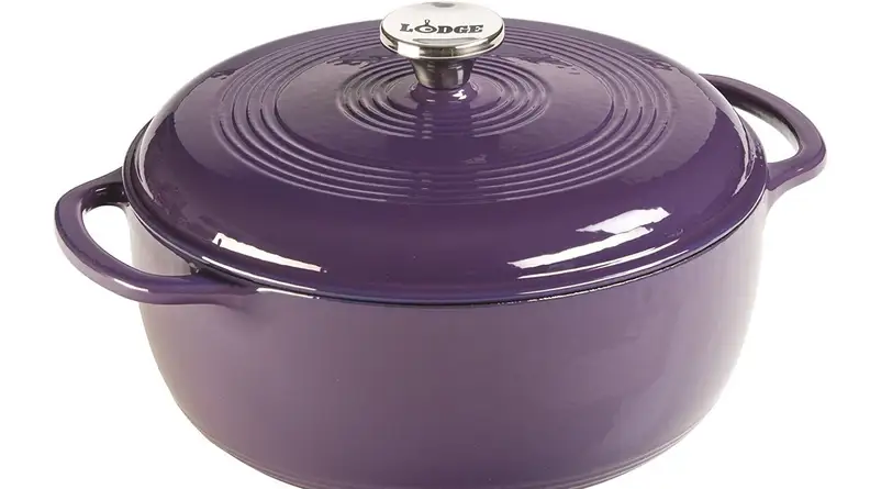 A purple dutch oven lets you cook in the oven or on the stovetop