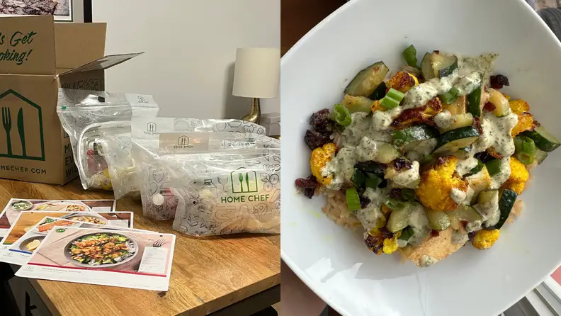 HomeChef meal kit spread out on a table and a prepped dish.