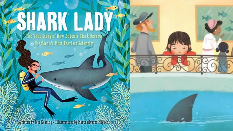 Children's book about Eugenia Clark. Cartoon pictures of woman swimming underwater with shark.
